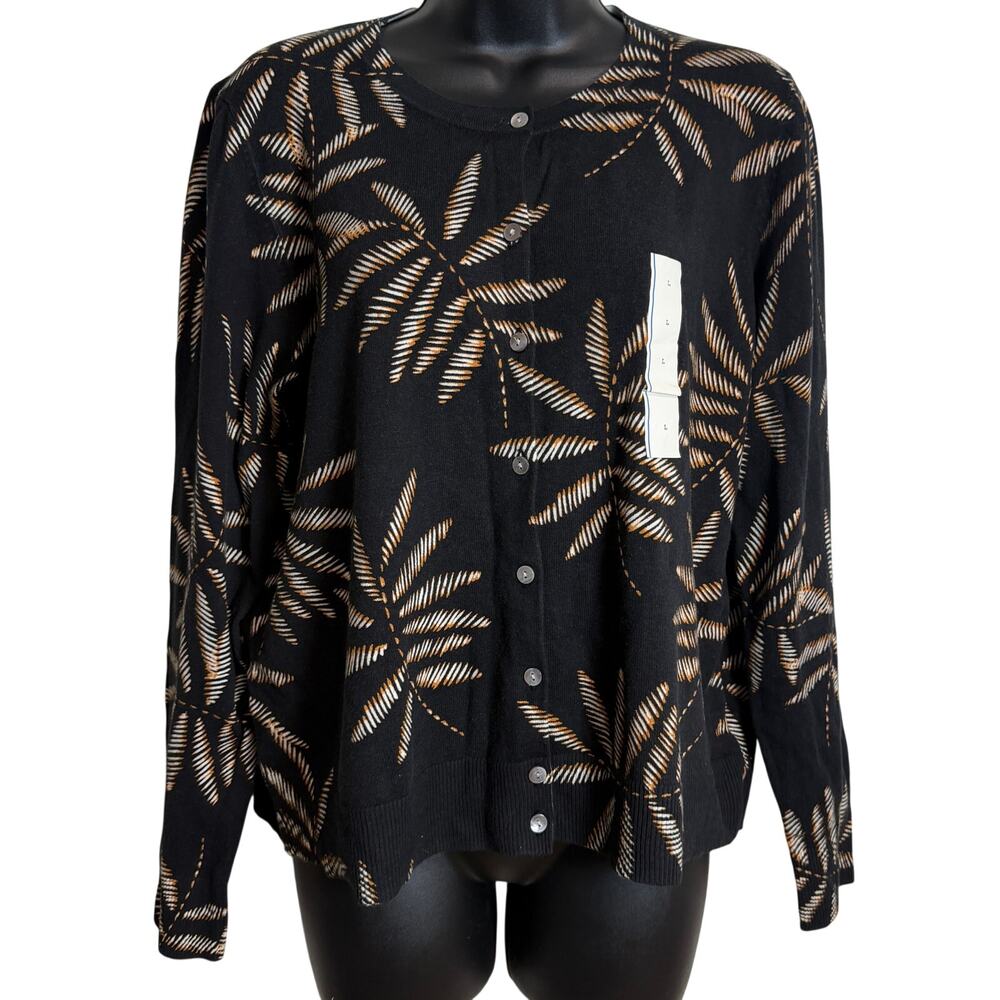 A.N.D A New Day Cardigan Women Size Large Black Tan Leaf Knit Crew Long Sleeve